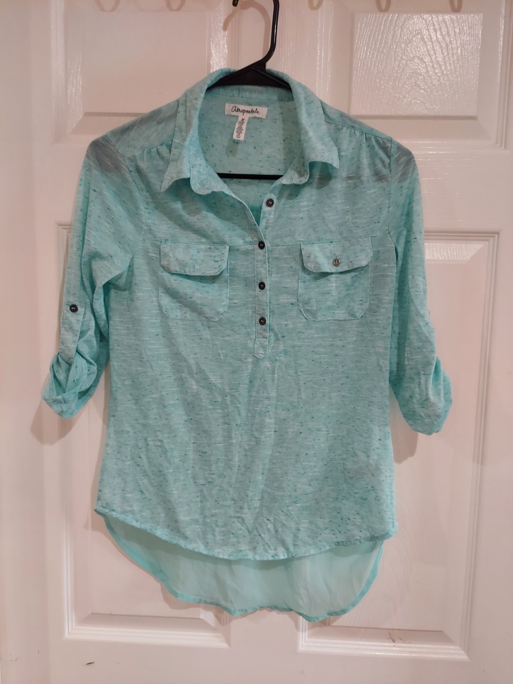 Aeropostale Mint Green Button-Front Roll-Tab Shirt